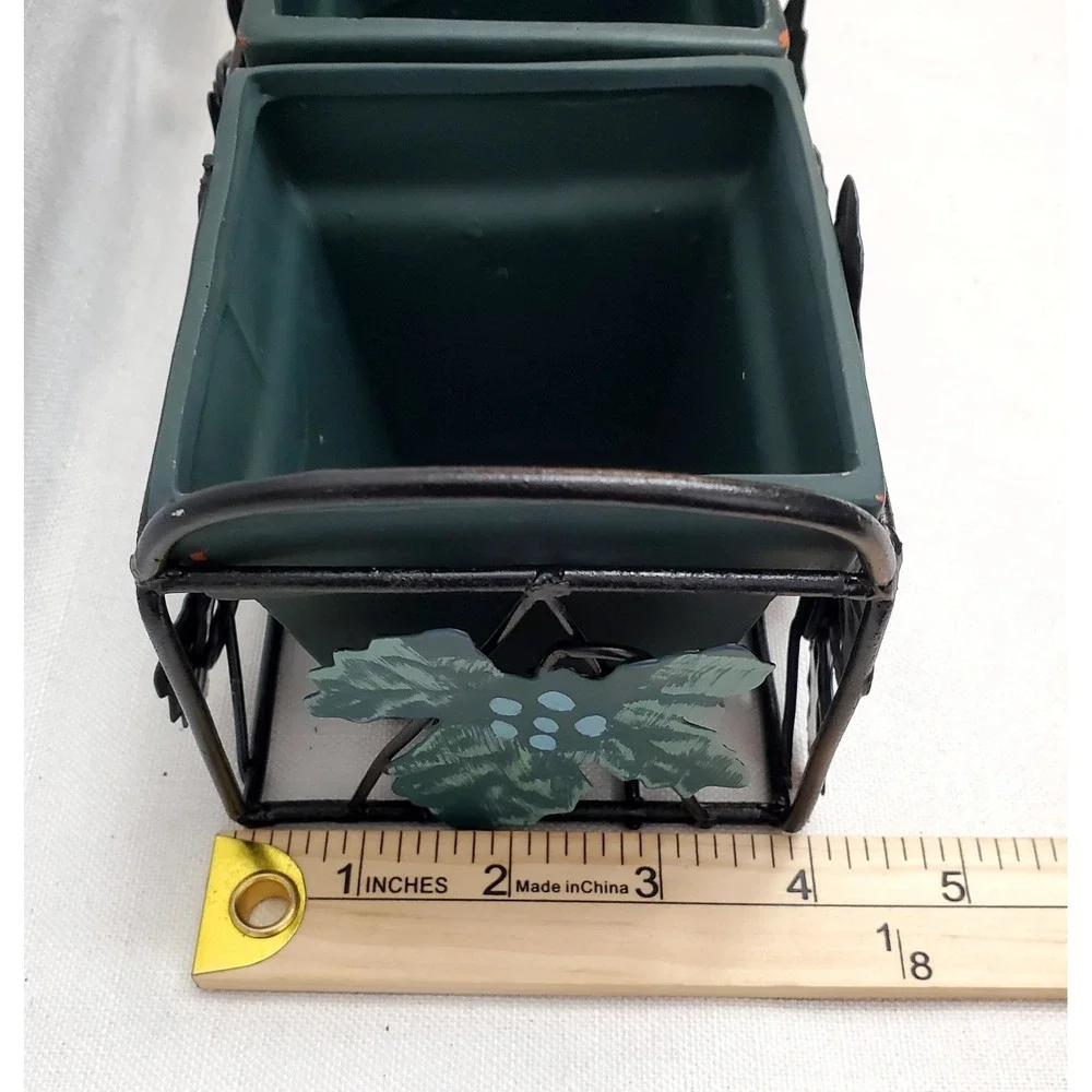 Vintage Square 3 Green Clay Pots With Metal Ivy‎ Leaves Planter Rack 11